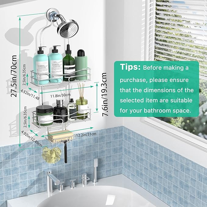 DAOYA Shower Caddy - Organizer with 6 Hooks, Soap Basket & Self-Adhesive Pad, Silver