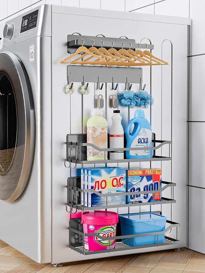 Multifunctional Magnetic Shelf for Washing Machine, Refrigerator, Microwave, and Any Metal Surface, Powerful Magnetic Shelves Include Magnetic Paper Towel Holder, Unique Hollow Design (5 pcs - Grey)