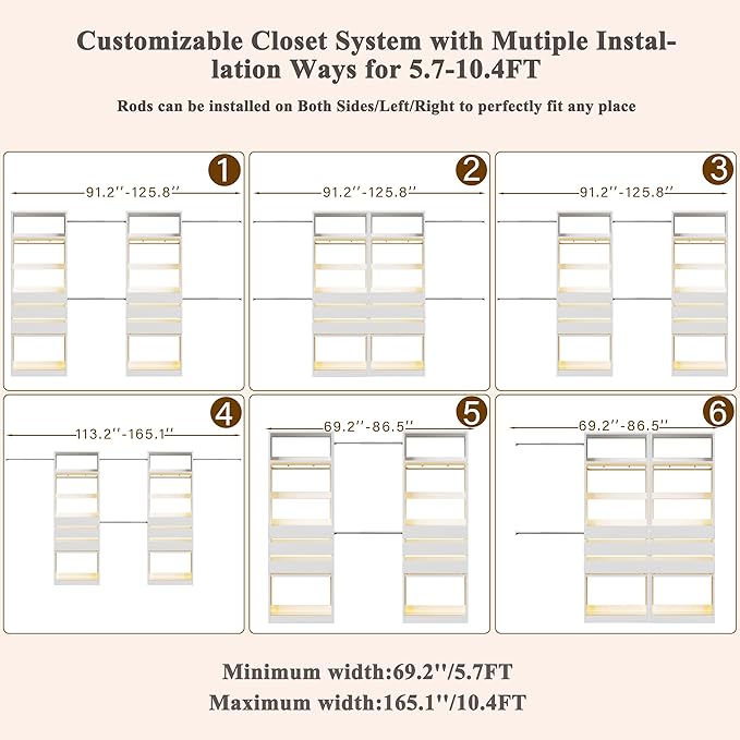 Closet System, 5.7-10.4FT Closet Organizer System with 6 Wood Drawers & LED Glasstop, Wood Walk-in Closet with 10 Hanging Rods & Trouser Rack, Built-in Wardrobe Garment Rack with Shelves & Tower,White