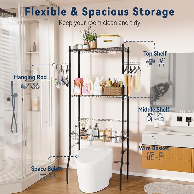 Laundry Room Storage Shelf, 3 Tier Metal Over Washer and Dryer Shelves, Adjustable Washing Machine Shelf with Basket & Hanger Rods, Bathroom Space Saver Shelf, 29.5" L x 17.7" W x 71.2" H, Black
