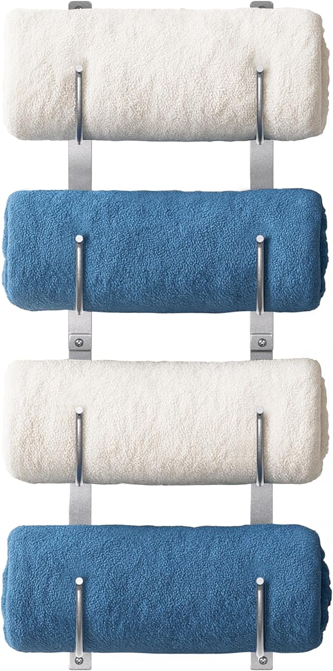 Bathroom Rolled Towel Rack: 4-Tier Wall Mounted Towel Storage Holder, Hanging Organizer for Towels, Blankets, Large Bath Sheets, Space Saving in RV, Closet, Toilet, Cabinet, Silver