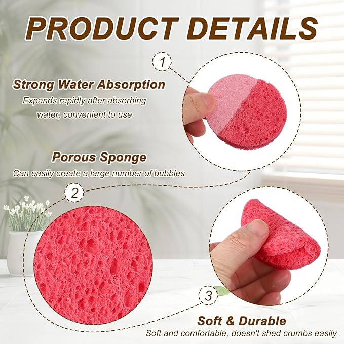 uxcell 20Pcs Cellulose Sponges, Round Kitchen Clean Sponges Non-Scratch Compressed Dish Scrubber for Kitchen Household Cookware Bathroom Cleaning & DIY, Pink