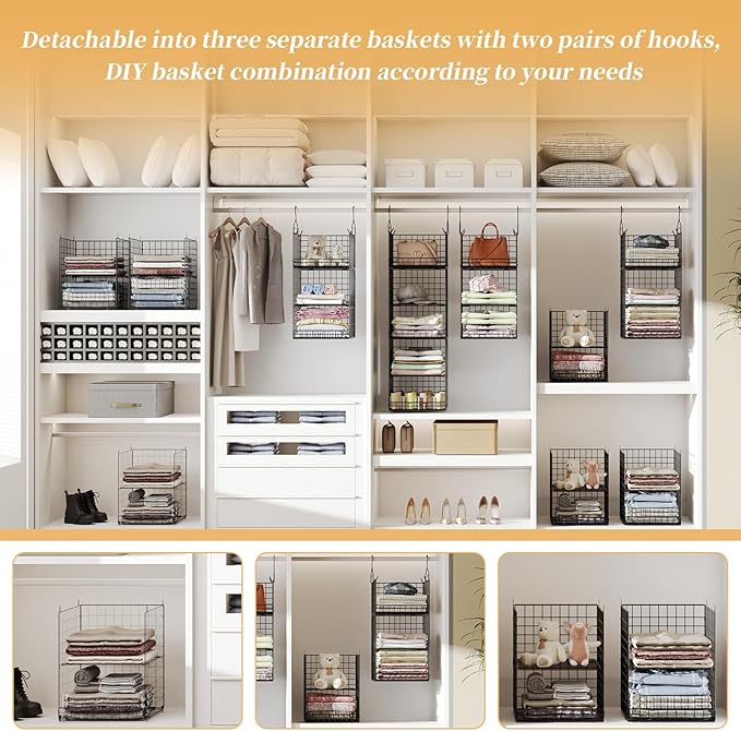 Yuyetuyo 5 Tier Closet Hanging Organizer and Storage Separable Hanging Closet Shelves with 4 Hooks 2 Adjustable Dividers, Wire Storage Basket Bins for Clothing Sweaters Socks Dolls Handbags, Foldable
