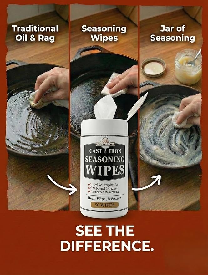 Cookware Care Cast Iron Seasoning Oil Wipes, 100 Wipes, Made in USA with Grapeseed Oil for Cast Iron Skillet, Blackstone Griddle (2 pack)