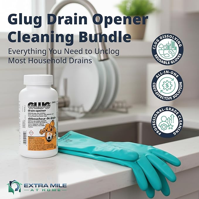 Glug Drain Opener Bundle with Glug Crystals Cleaner and Long Protective Gloves - 2 Items - Sink & Shower Drain Clog Remover, Compatible with Most Home Plumbing, Easy DIY Use