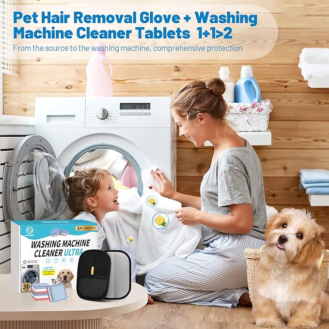 2-in-1 Pet Hair Removal Kit, Washing Machine Cleaner Tablets & Reusable Pet Hair Removal Glove for Cats and Dogs, Remove Stubborn Pet Hair | Complete Solution for Pet Owners