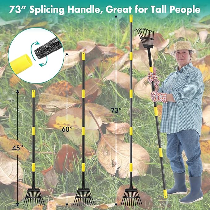 Rake, 73 Inch Long, 11 Tines Small Metal Garden Rake for Leaves, Heavy Duty 9 Inch Wide Rakes for Lawns, Yard Leaf Rakes for Gardening , Flower Beds, Shrub, Kids