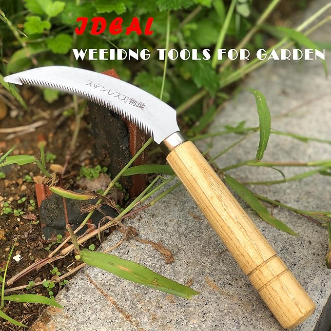 SHANFEEK Grass Sickle with Sawtooth Japanese Weeding Hoe Garden Hand Tool Weeding Tools for Garden High-Strength Steel with Solid Wood Handle (Brown)