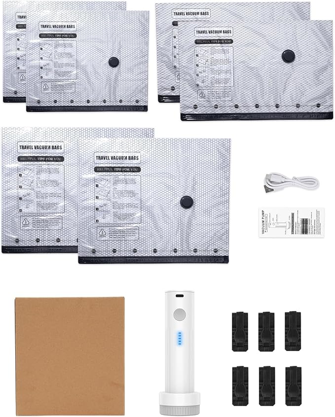 Travel Vacuum Storage Bags, Vacuum Seal Bags for Clothing with Rechargeable Air Pump, 6 Pack Combo Portable Space Saver Bags for Clothes, Luggage, Suitcase, Seasonal Storage, Travel