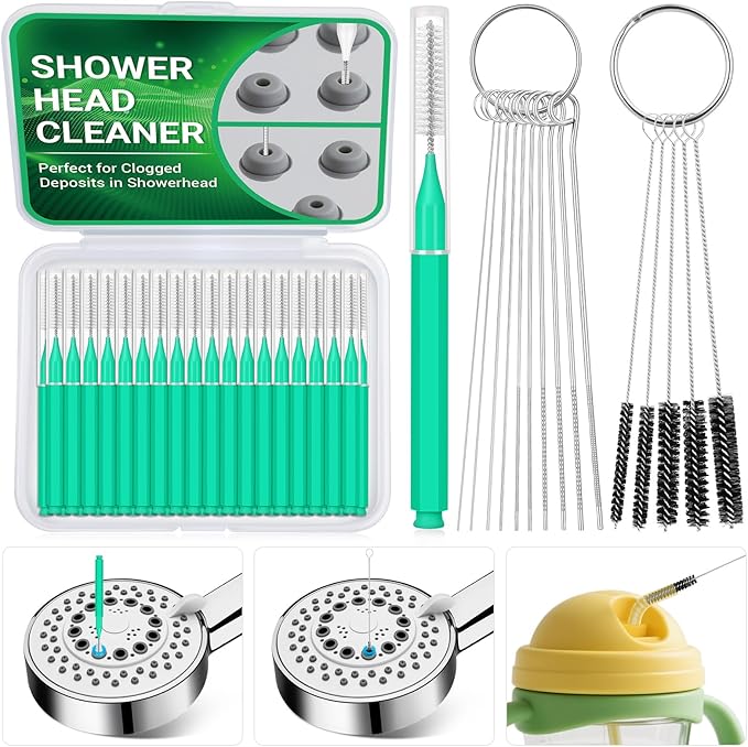 50-in-1 Shower Head & Straw Cleaning Kit - 35 Brushes, 10 Unclogging Needles, 5 Straw Brushes, Shower Head Cleaner Picks Deep Clean Stanley Cups (40/30/20oz), Water Bottles, Faucets, Printers, Green