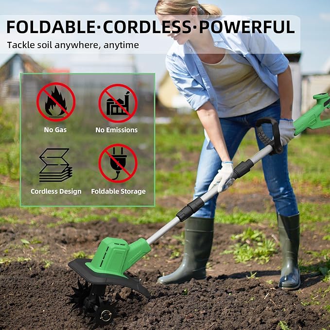 Cordless Tiller Cultivator, 360RPM Battery Powered Garden Cultivator, with 2 * 3.0Ah Batteries & Charger, 9In Tilling Width & 6In Depth Tiller for Gardening