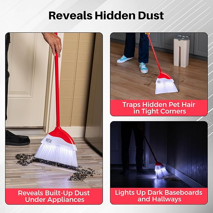Indoor Broom with LED Lights | Angle Broom for Dark Corners & Low Light Areas | Soft Bristle, Adjustable Long Handle | Floor Sweeper for Kitchen, Room, Office & Garage (Red)
