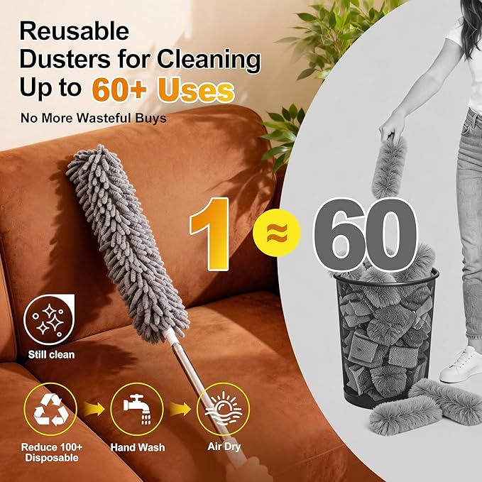Microfiber Feather Duster 5-in-1 Kit, Dusters for Cleaning, Duster with Extension Pole 100 Inches, Cobweb Duster, Microfiber Dusters for High Ceilings and Fans, Blinds, Cars and Furniture
