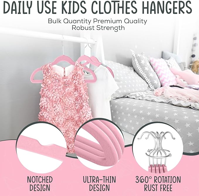 TechZoo 50 Premium Kids Velvet Hangers - 14" Non-Slip Clothes Hangers for Kids & Preteens - Ultra Slim, Space-Saving, Strong & Durable Hangers with 360° Swivel Hook - Pink