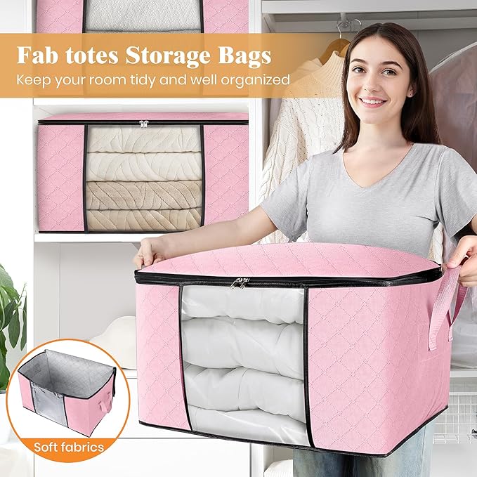 Fab totes 6 Pack Clothes Storage, Foldable Thick Fabric Blanket Storage Bags, Containers for Organizing Bedroom, Closet, Clothing, Comforter, Organization with Handle,Pink
