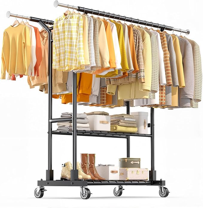 Luxspire Heavy Duty Clothes Rack Load 650 LBS, Double Rod Clothing Racks for Hanging Clothes, Rolling Garment Racks with Lockable Wheels, Shelves, Adjustable Laundry Hanging Rack, Black