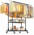 Luxspire Heavy Duty Clothes Rack Load 650 LBS, Double Rod Clothing Racks for Hanging Clothes, Rolling Garment Racks with Lockable Wheels, Shelves, Adjustable Laundry Hanging Rack, Black