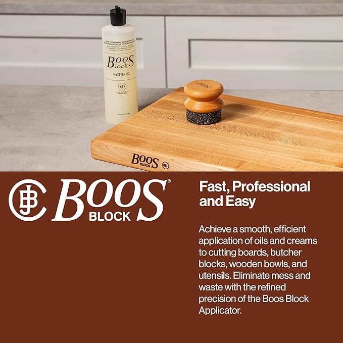 John Boos 2-Piece Care Set, 16 oz Mystery Oil & Round Beechwood Applicator - All-Natural Maintenance Formula for Butcher Blocks, Cutting Boards, Wooden Countertops & Wood Utensils