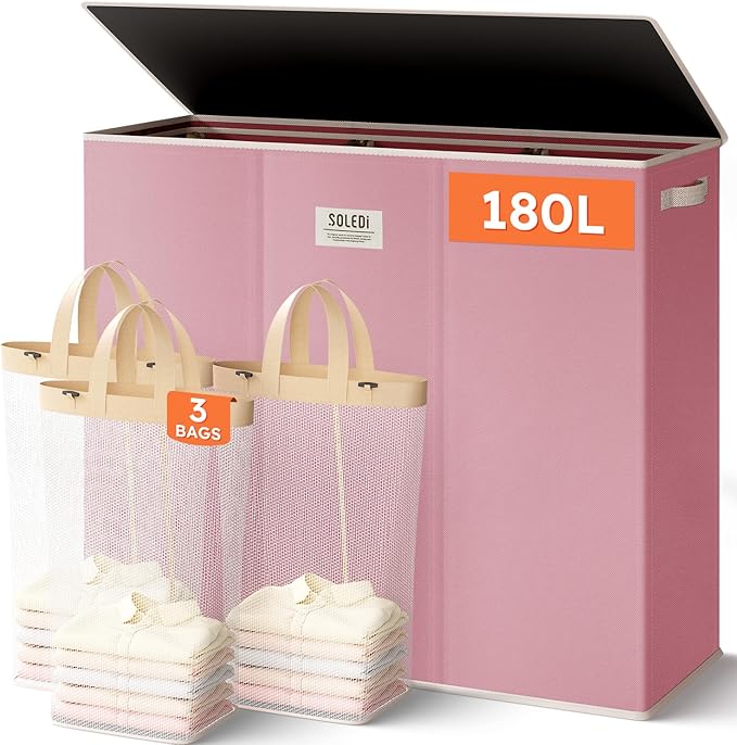 SOLEDI 180L 3-Section Laundry Hamper with Lid, Extra Large Dirty Clothes Basket with Sturdy Handles for Laundry Room & Bedroom - Durable Organizer for Sorting Laundry