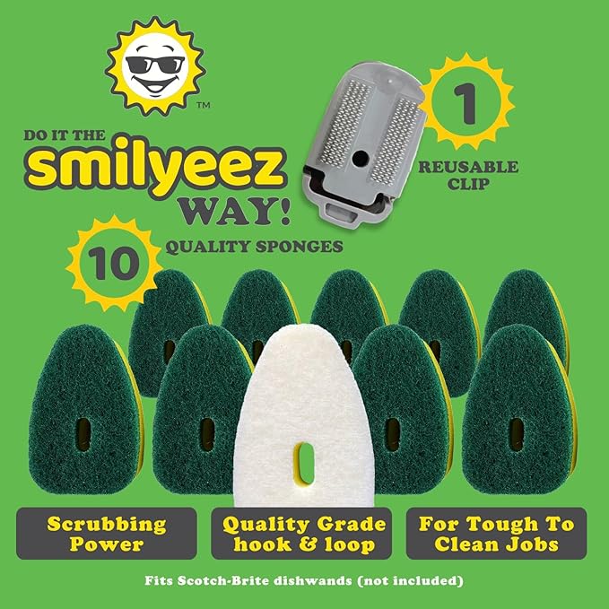 Smilyeez No-Plastic Heavy Duty Green Sponge Refill for Scotch-Brite's Dishwand Refill 10 Pack with Adapter…