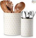 MALACASA LYDIA Ceramic Utensil Holders, 7.3"+5.5" Kitchen Utensil Crock Set for Countertop, Large & Small Utensil Organizers for Cooking Tools, Five-Leaf Grass Pattern