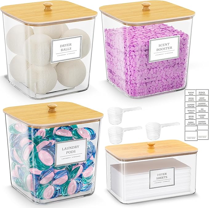 HomePekite Laundry Pods Storage Container, Clear Laundry Room Organization and Storage,Detergent Powder Container,with Wooden Lids & Labels, 3+1 Pack