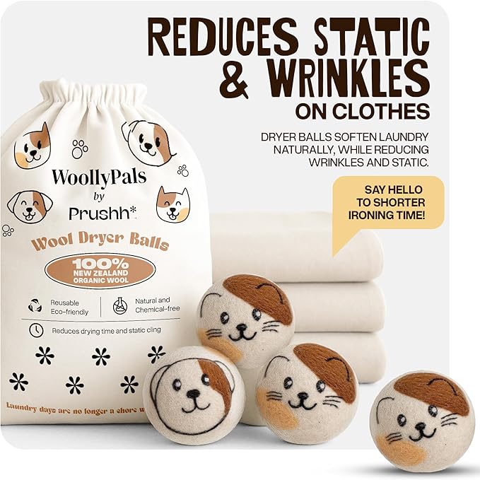 WoollyPals Wool Dryer Balls (6-Pack, XL Size)- 100% New Zealand Organic Wool - Sustainable & Eco-Friendly - Dry 1,000 Loads, Replaces Dryer Sheets, Reduces Static Cling, Reusable (Multi Colour)