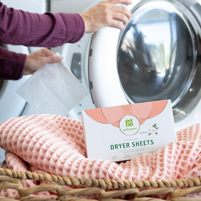 Grab Green Dryer Sheets, 80 Sheets, Gardenia Scent, Plant and Mineral Based, Compostable, Softens Fabrics, Reduces Static Cling and Wrinkles