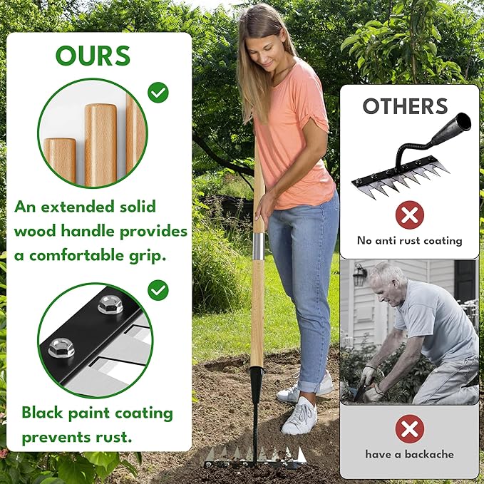 Iron Weeding Rake with Handle 2.0, Upgraded 8 Teeths Garden Weed Puller Tool Heavy Duty Gardening Tool for Lawn, Flower Beds & Soil Aeration