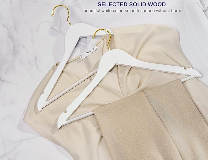 Amber Home 20 Pack White Wooden Coat Hangers with Gold Hook, White Wood Suit Hangers with Non-Slip Pant Bar, Clothes Hangers for Closet Organization, Shirts, Jackets, Dresses and Pants (White+Gold,20)