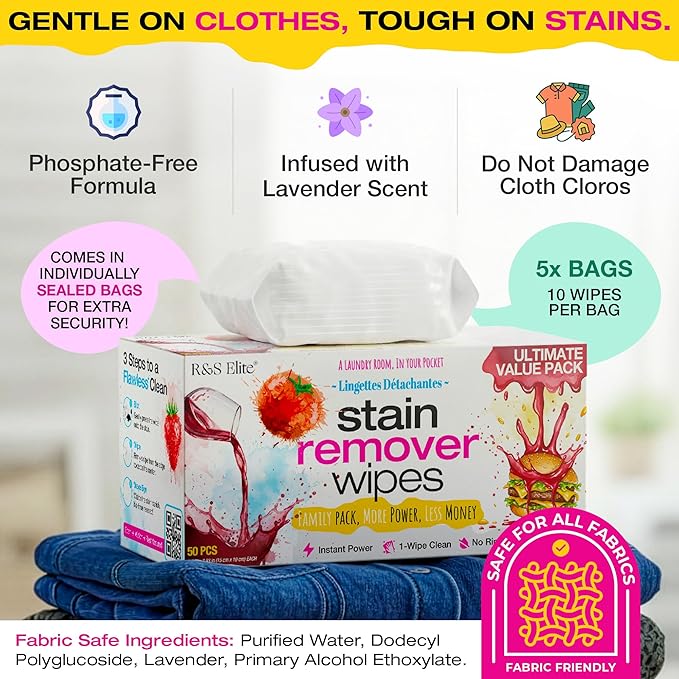 Stain Remover Wipes - 50 PCS Individually Wrapped – Instant Stain Remover for Clothes, Fabric & Jackets – Portable No-Rinse Cleaner for Travel, Purse & Diaper Bag – Removes Grease, Food & More