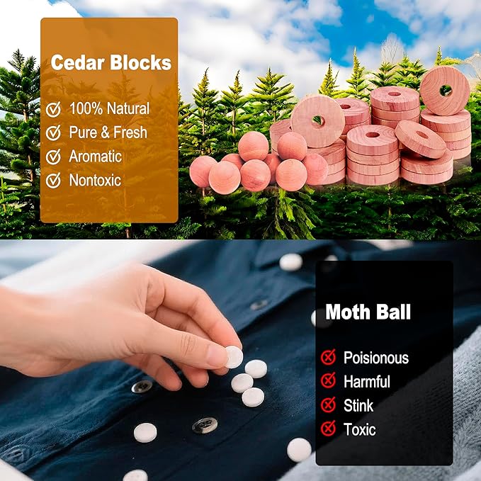 Cedar Blocks for Clothes Storage 100% Aromatic Red Cedar Balls & Rings Dresser Drawer Freshener Odor Eliminator 30 Rings & Bonus 10 Balls Total 40 Pieces