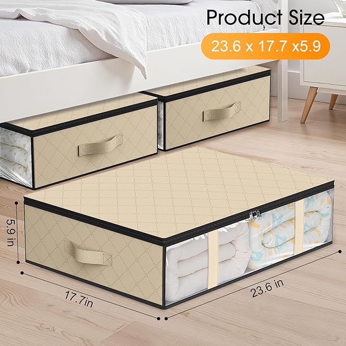 StorageRight Under Bed Storage Bags 4 Pack, 40L Large Clothes & Comforter Storage Containers with Clear Window, Breathable Fabric Organizer for Blankets, Bedding, Seasonal Clothing, Beige