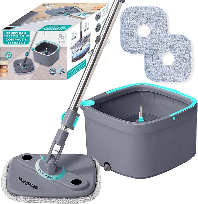 TRUE & TIDY Square Spin Mop & Bucket System – Dual Chamber for Clean & Dirty Water, 360° Rotating Self-Wringing Mop with Built-in Scrub Brush, Stainless Steel Handle & 2 Reusable Microfiber Mop Pads