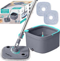 TRUE & TIDY Square Spin Mop & Bucket System – Dual Chamber for Clean & Dirty Water, 360° Rotating Self-Wringing Mop with Built-in Scrub Brush, Stainless Steel Handle & 2 Reusable Microfiber Mop Pads