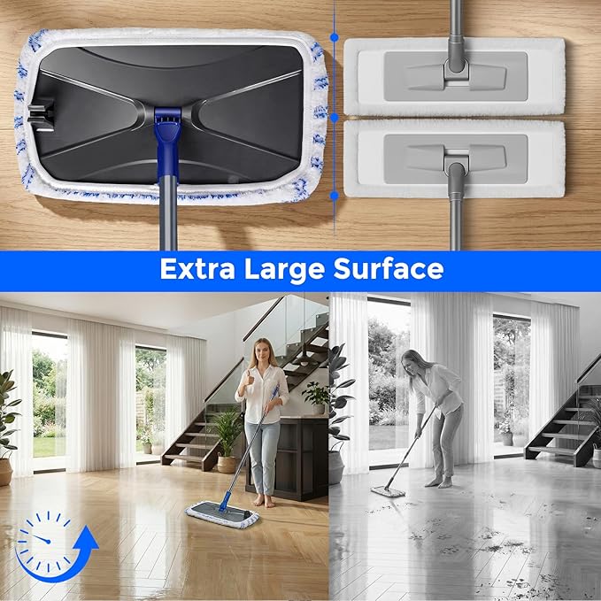 MASTERTOP Microfibre Flat Mop, Extended Wet Dry Large Floor Mop with 5 Reusable Pads & Telescopic Handle, Dust Mops for Laminate Wooden Hard Floor Vinyl Tile Floors Cleaning - Send 1 Cleaning Scraper