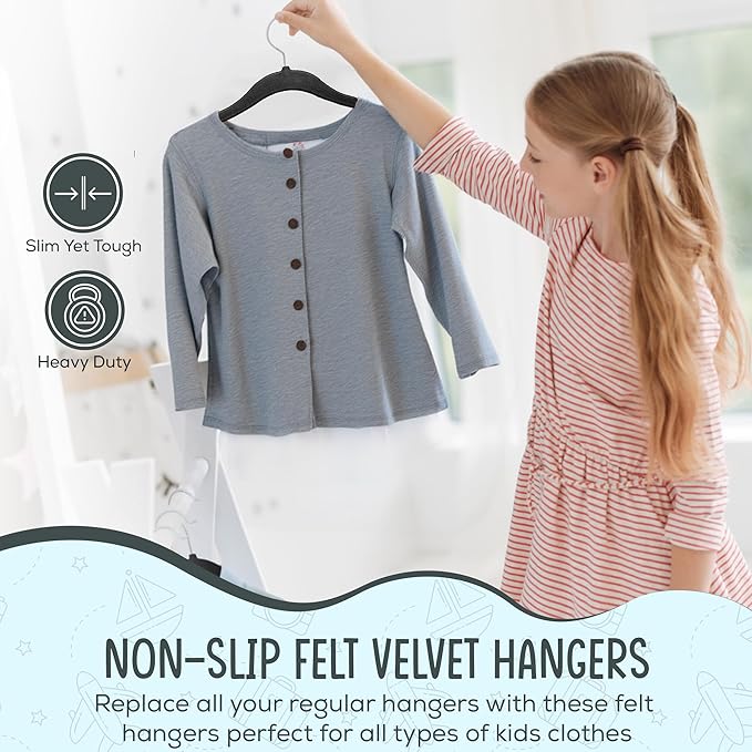 TechZoo 50 Premium Kids Velvet Hangers - 14" Non-Slip Clothes Hangers for Kids & Preteens - Ultra Slim, Space-Saving, Strong & Durable Hangers with 360° Swivel Hook - Black
