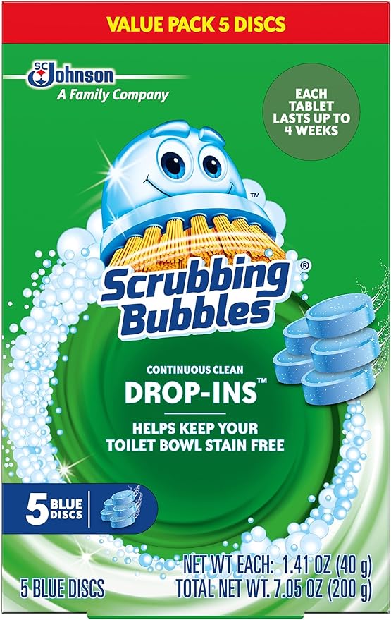 Scrubbing Bubbles Continuous Clean Toilet Drop-Ins, Automatic Blue Toilet Bowl Cleaner, Septic-Safe Tank Tablets Remove Hard Water Minerals & Limescale, Stain & Smell Protection, 5 Count (Pack of 1)