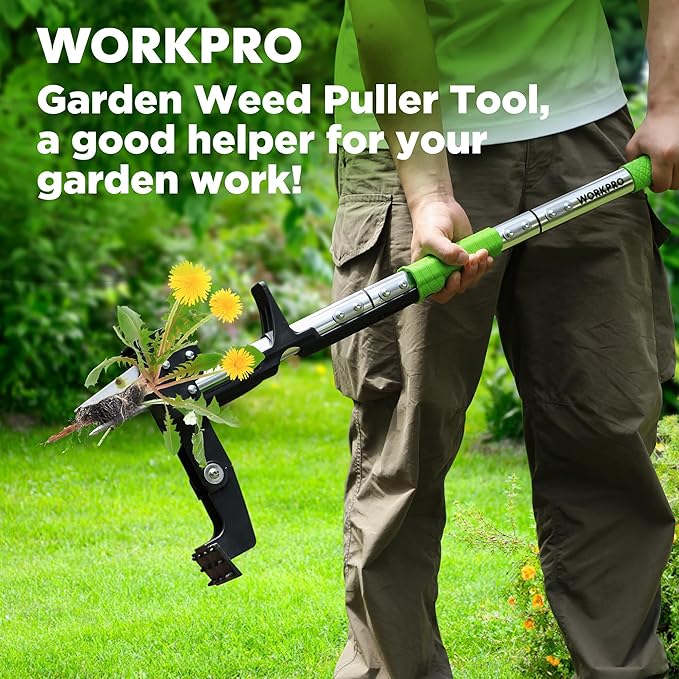 WORKPRO Stand Up Weed Puller Tool, Garden Dandelion Weeder Puller with Ergonomic 39" Long Handle, 4 Claws Steel Head & Foldable Foot Pedal, Heavy Duty Root Remover Tool Without Bending or Kneeling