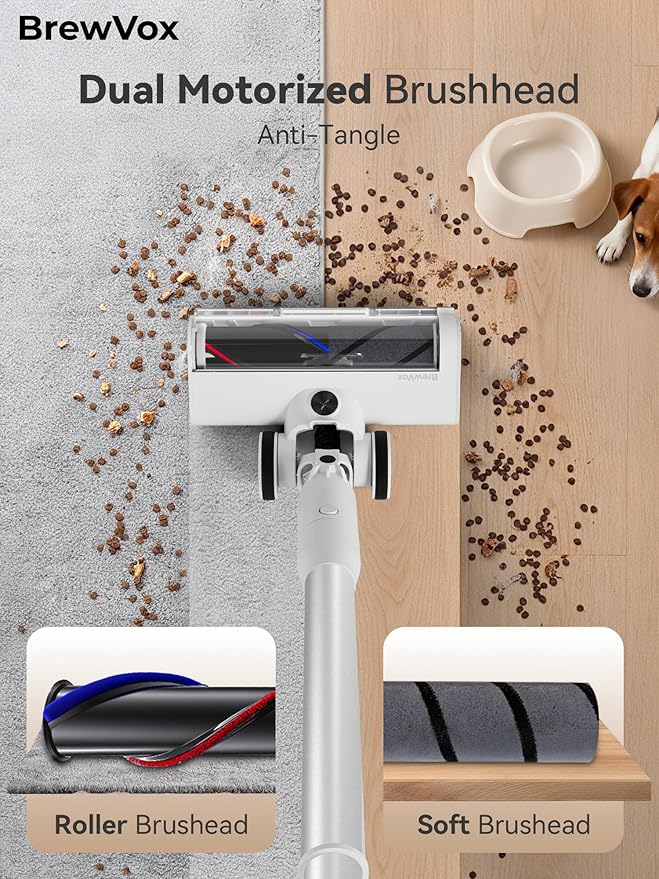 BrewVox Telescopic Cordless Stick Vacuum Cleaner for Home & Pet Hair, Smart Auto Detect, 2 Motorized Brushes, 6 Stage Filtration, 45kPa Powerful Suction, 550W Motor, 60 Min Runtime, Quick Rechargeable