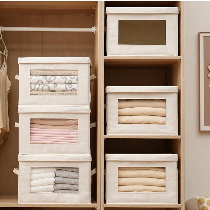 Citylife 3-Pack Storage Bins with Lids, Fabric Foldable Storage Bins with Soft Cord Handles, Canvas Storage Bin with Lid for Organizing Clothes, Blankets and Books, Beige