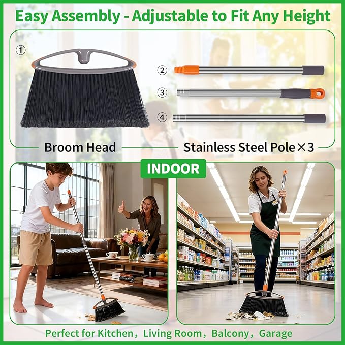 Soft Bristle Broom, Heavy Duty Broom with Collapsible Handle, Ideal for Indoor Outdoor Hardwood Floors Kitchen Salon Camping Cat Pets Hair Home Room Office, Sturdy and Durable, Gray