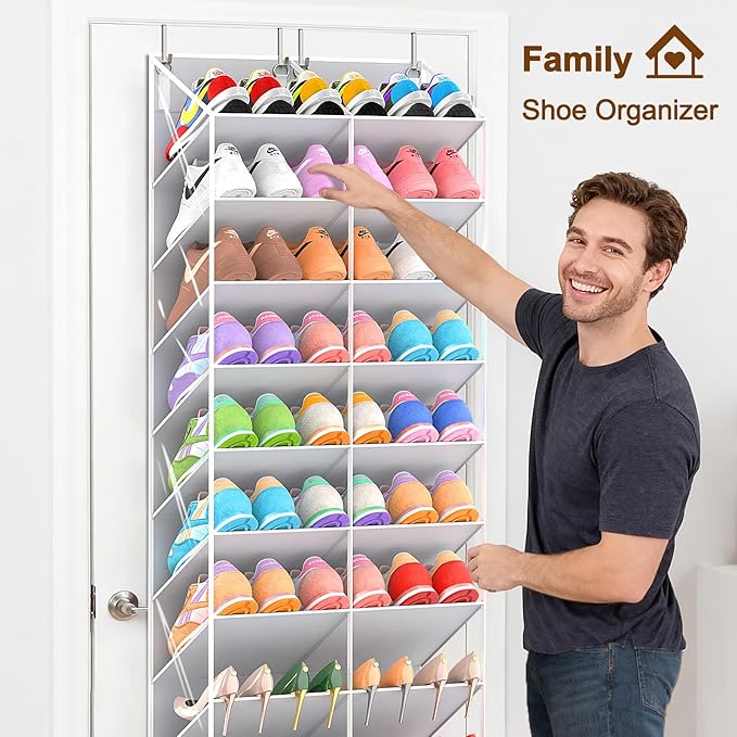 UVIAHOMI 20-30 Pairs Over the Door Shoe Organizer, Clear Pockets Hanging Shoe Storage for Closet, 10-Tier Door Shoes Rack, Handing Shoes Holder Fit All the Family's Sneakers, Boots, Heels, Light Grey