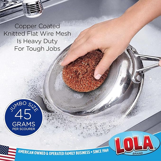 LOLA Copper Mesh Scouring Pad, 18 Grams, 12 Pack, eavy Duty Cleaning Pads, Copper Coated Knitted Flat Wire Mesh, Recyclable, Cleans Baked On Messes