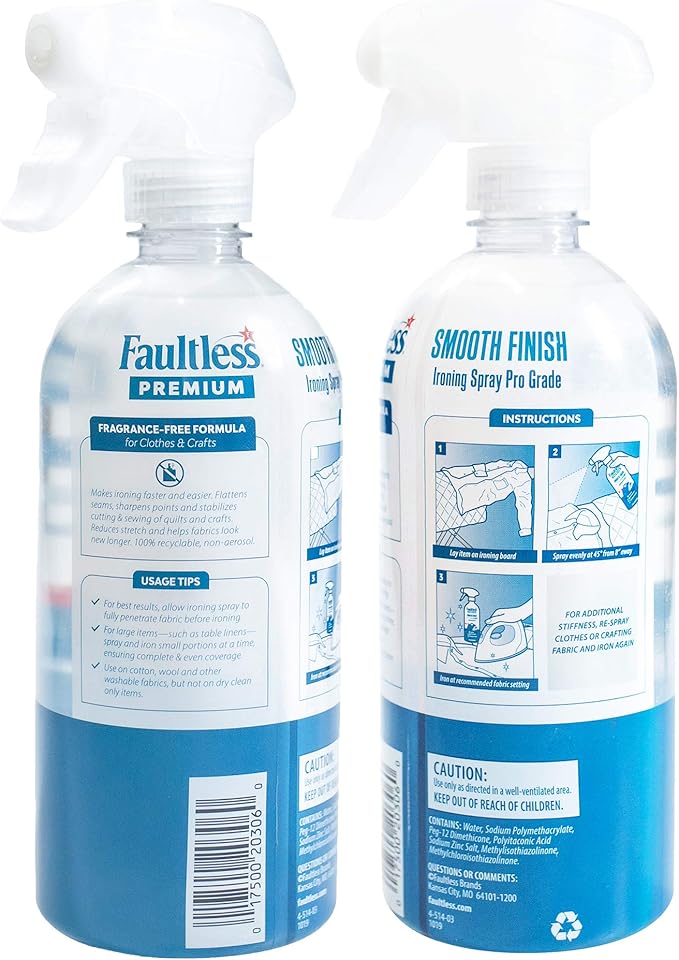 FAULTLESS Spray Starch Smooth Finish 22 Oz, 2 Pack Trigger Pump Liquid Starch for Ironing, Non-Aerosol Spray on Starch, Reduces Ironing Time, No Flaking, Sticking or Clogging, Biodegradable Ingredients, Recyclable