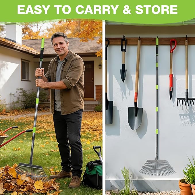 WORKPRO Rakes, Small Leaf Rake with 73” Adjustable Long Handle, Narrow Metal Garden Rake with 25 Steel Tines, Heavy Duty Rust-Resistant Lawn Rakes for Yard, Garden, Shrubs, Flower Beds & Tight Spaces