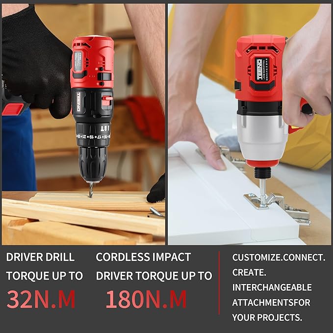 TEENO 20V Cordless Drill and Impact Driver, Brushless Power Tool Combo Kit Included 3/8'' Drill & 1/4'' Impact Driver, 2x 1.5Ah Batteries, Fast Charger, 19 pcs Driver Bit Set & Bag