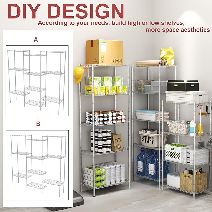 HOMEFORT 5-Shelving Unit, Adjustable Wire Shelving, Metal Wire Shelf Rack Organizer for Kitchen, Pantry, Closet, Bathroom, Laundry,Sliver,21" W x 11" D x 53" H