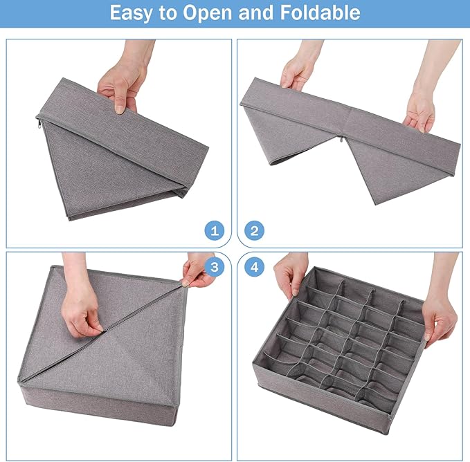 Foldable Storage Cubes Drawer Underwear Organizer Dividers， under Cabinet Organizer 24-Cell Fabric Storage Boxes for Lingerie,Socks,Ties （Grey）