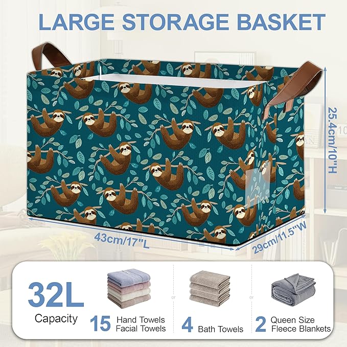 Funny Sloth Storage Baskets,Leaves Foldable Organizer Bin with Handles for Home Living Room Bedroom Closet Box 17x11.5x10Inch